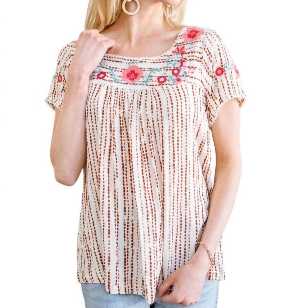 Savanna Jane Cream and Brown Patterned Blouse. Size L